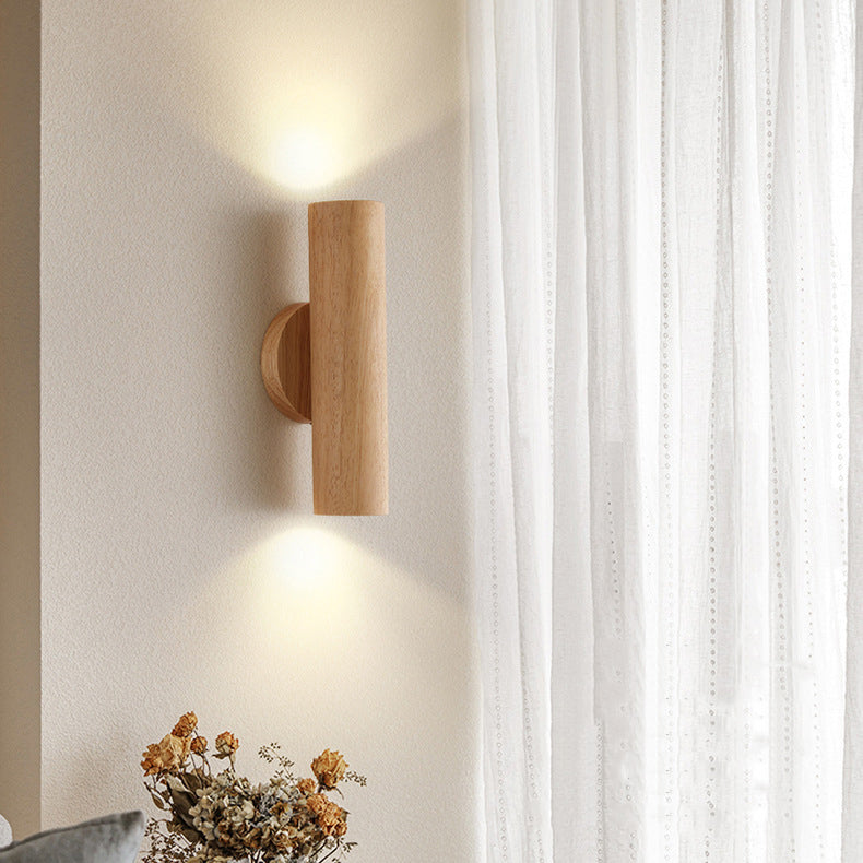 Cylinder Wood Grain Rubberwood LED Wall Sconce Lamp
