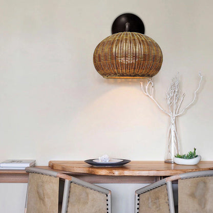 Nordic Round Rattan Iron 1-Light Wall Sconce Lamp