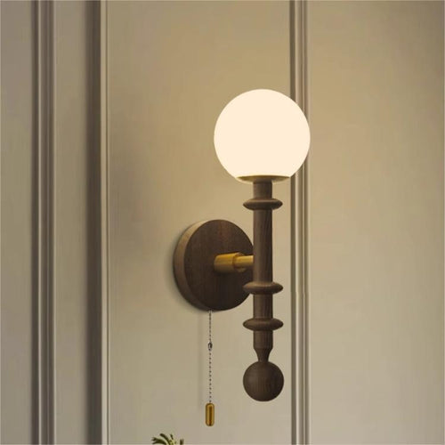 French Column Wood Glass 1-Light Wall Sconce Lamp