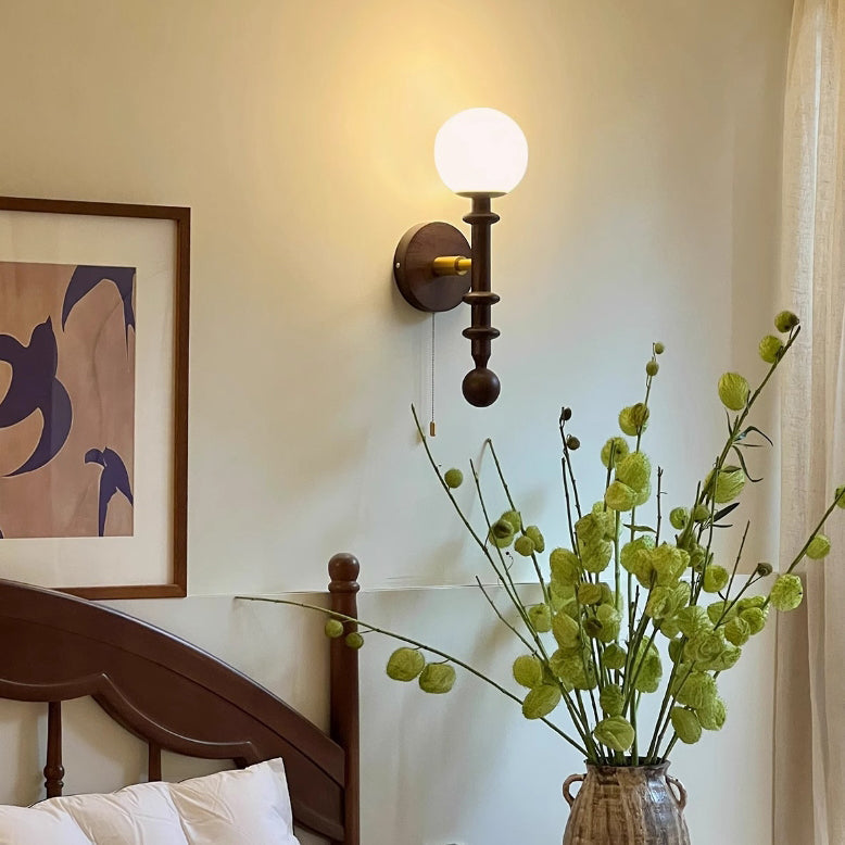 French Column Wood Glass 1-Light Wall Sconce Lamp