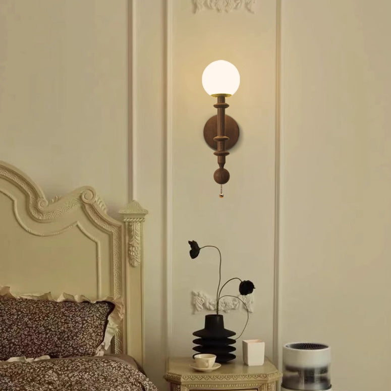 French Column Wood Glass 1-Light Wall Sconce Lamp