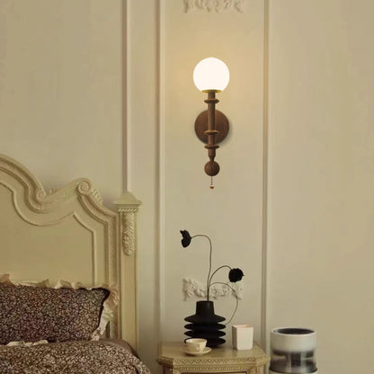 French Column Wood Glass 1-Light Wall Sconce Lamp