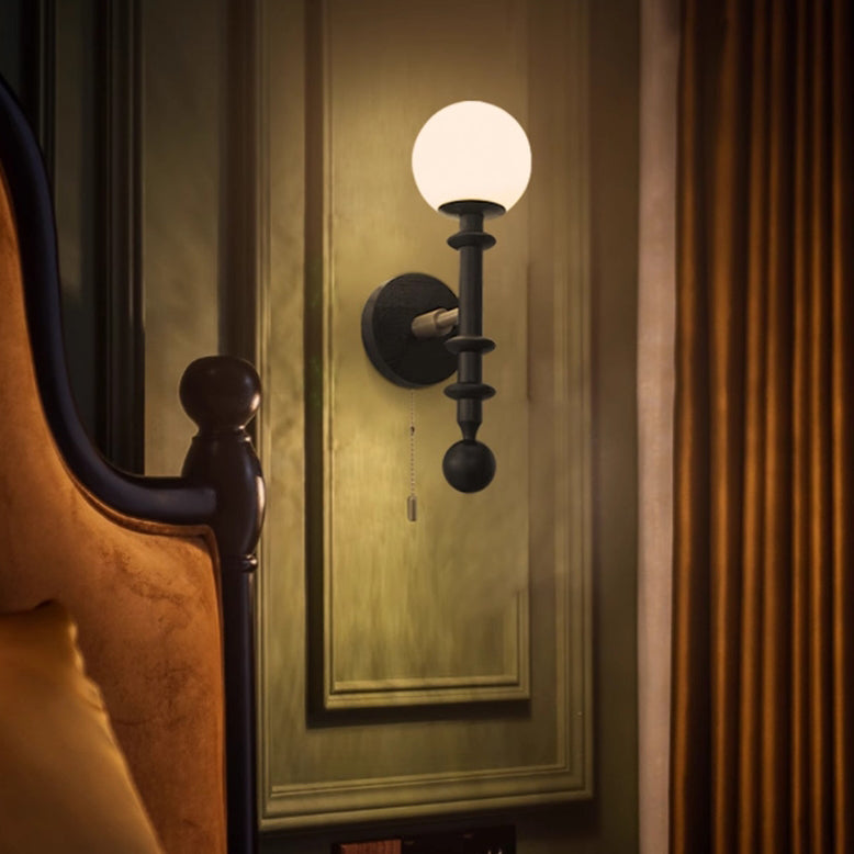 French Column Wood Glass 1-Light Wall Sconce Lamp