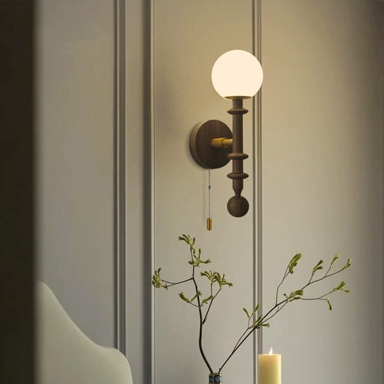 French Column Wood Glass 1-Light Wall Sconce Lamp