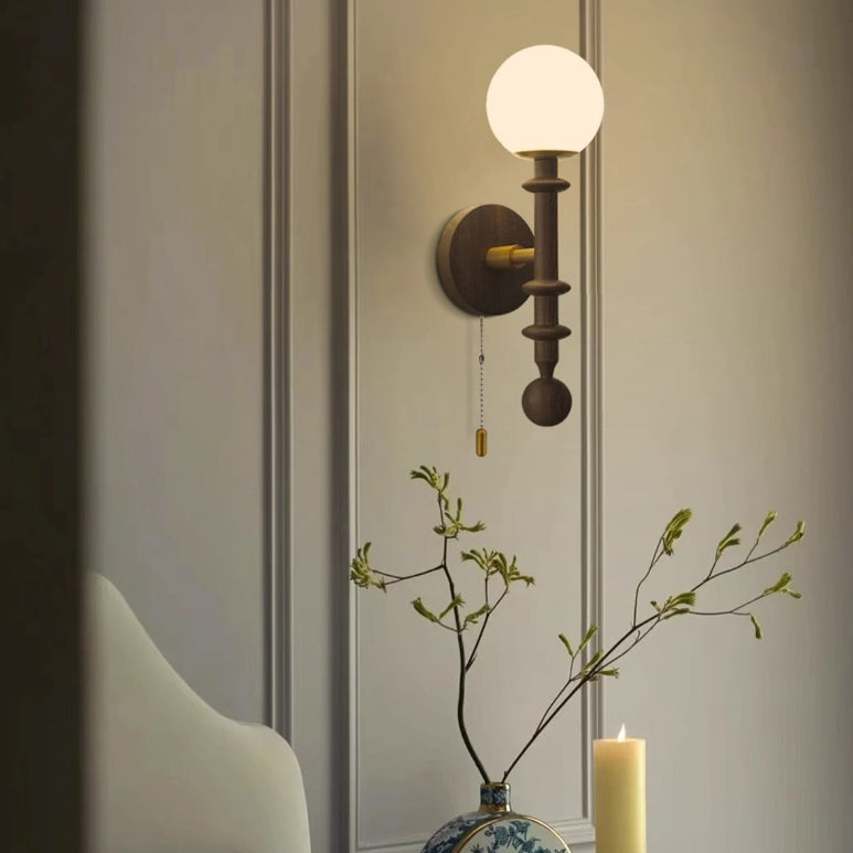 French Column Wood Glass 1-Light Wall Sconce Lamp
