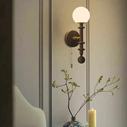 French Column Wood Glass 1-Light Wall Sconce Lamp