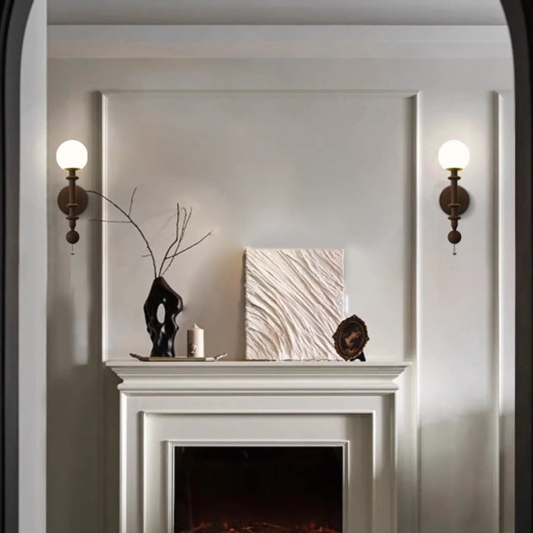 French Column Wood Glass 1-Light Wall Sconce Lamp