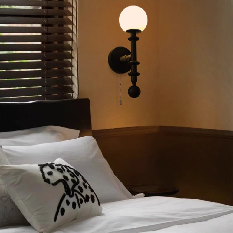 French Column Wood Glass 1-Light Wall Sconce Lamp