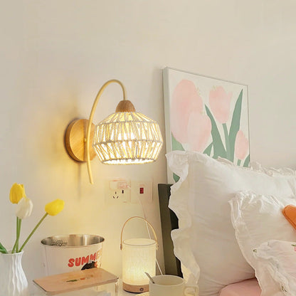 Japanese Drum Iron Wood Rattan 1-Light Wall Sconce Lamp