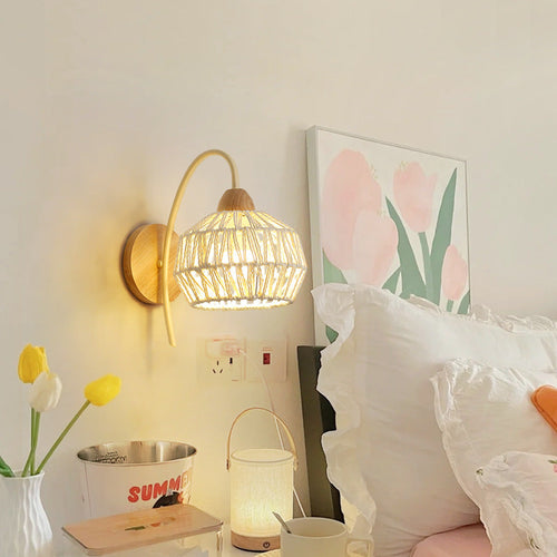 Japanese Drum Iron Wood Rattan 1-Light Wall Sconce Lamp