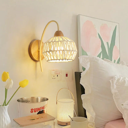 Japanese Drum Iron Wood Rattan 1-Light Wall Sconce Lamp