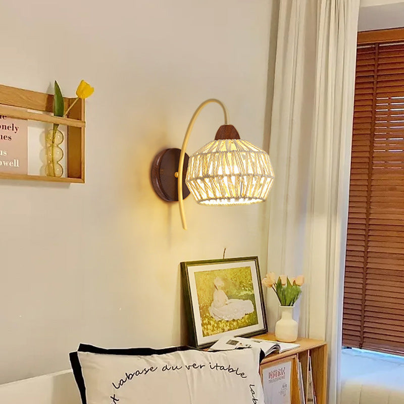 Japanese Drum Iron Wood Rattan 1-Light Wall Sconce Lamp