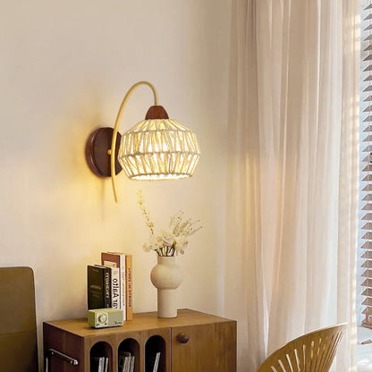 Japanese Drum Iron Wood Rattan 1-Light Wall Sconce Lamp