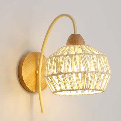 Japanese Drum Iron Wood Rattan 1-Light Wall Sconce Lamp
