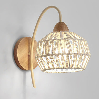 Japanese Drum Iron Wood Rattan 1-Light Wall Sconce Lamp