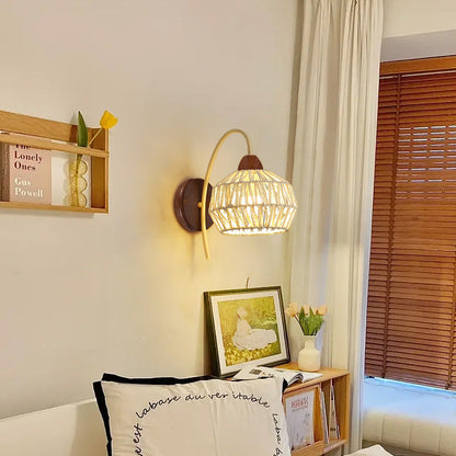 Japanese Drum Iron Wood Rattan 1-Light Wall Sconce Lamp