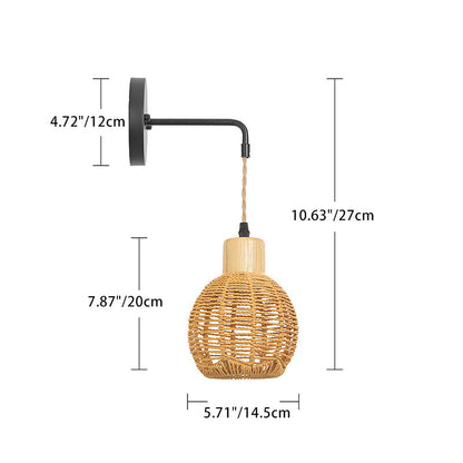 Japanese Oval Iron Wood Rattan 1-Light Wall Sconce Lamp