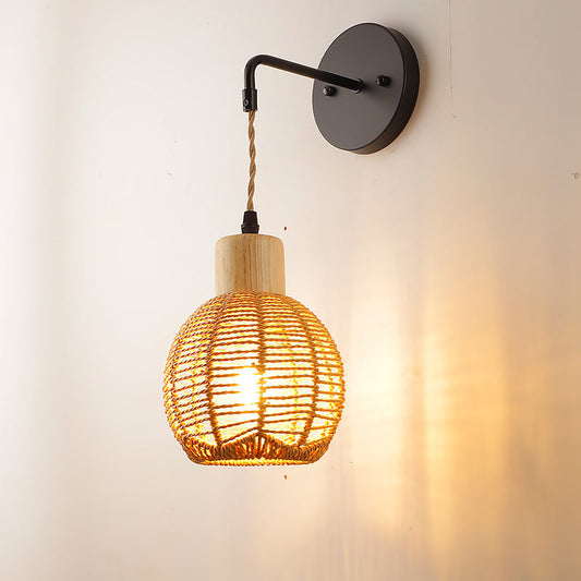 Japanese Oval Iron Wood Rattan 1-Light Wall Sconce Lamp