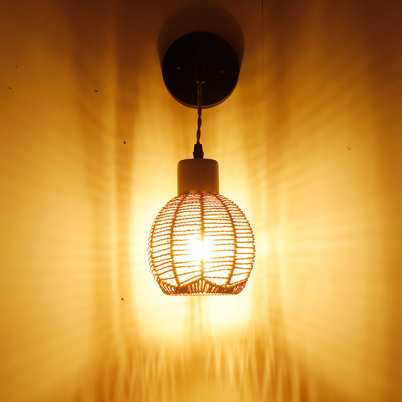 Japanese Oval Iron Wood Rattan 1-Light Wall Sconce Lamp