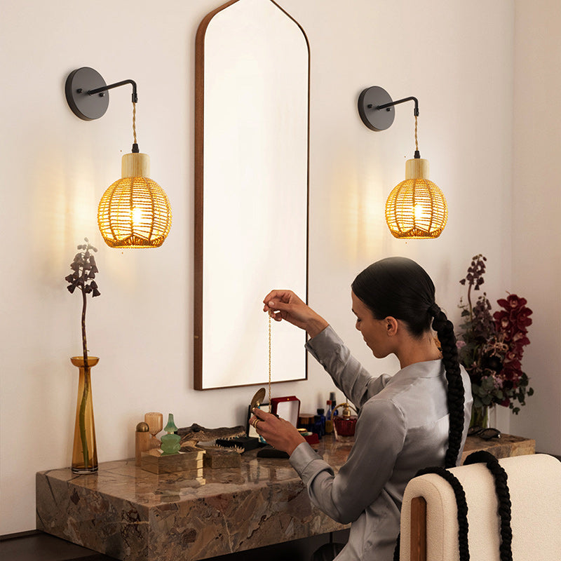 Japanese Oval Iron Wood Rattan 1-Light Wall Sconce Lamp
