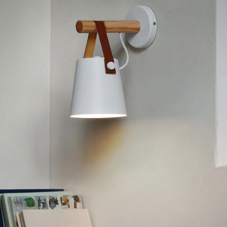 Contemporary Nordic Drum Wood Iron 1-Light Wall Sconce Lamp