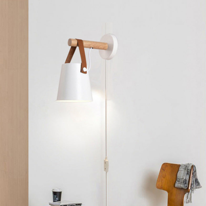 Contemporary Nordic Drum Wood Iron 1-Light Wall Sconce Lamp