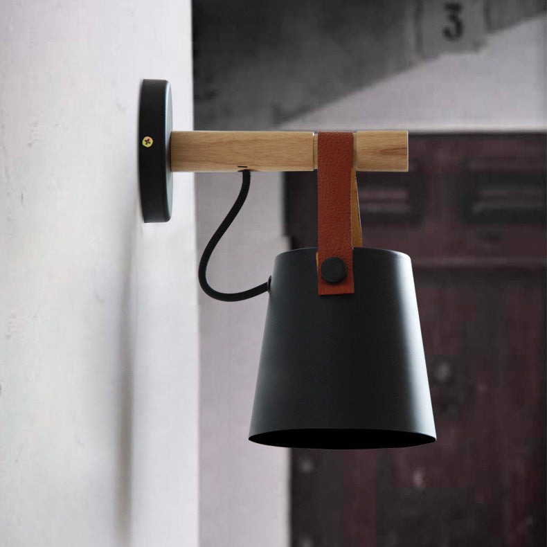 Contemporary Nordic Drum Wood Iron 1-Light Wall Sconce Lamp