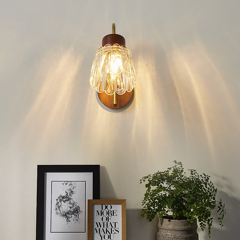 Traditional Drum Iron Wood Glass 1-Light Wall Sconce Lamp