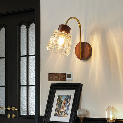 Traditional Drum Iron Wood Glass 1-Light Wall Sconce Lamp
