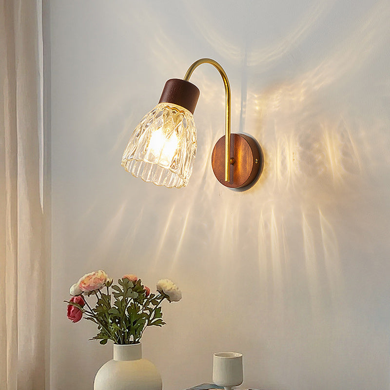 Traditional Drum Iron Wood Glass 1-Light Wall Sconce Lamp