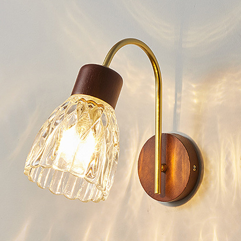 Traditional Drum Iron Wood Glass 1-Light Wall Sconce Lamp