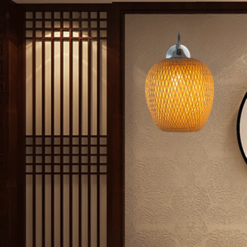 Chinese Oval Iron Bamboo 1-Light Wall Sconce Lamp