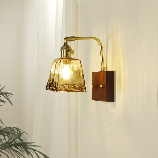 Japanese Copper Wood Glass 1-Light Wall Sconce Lamp