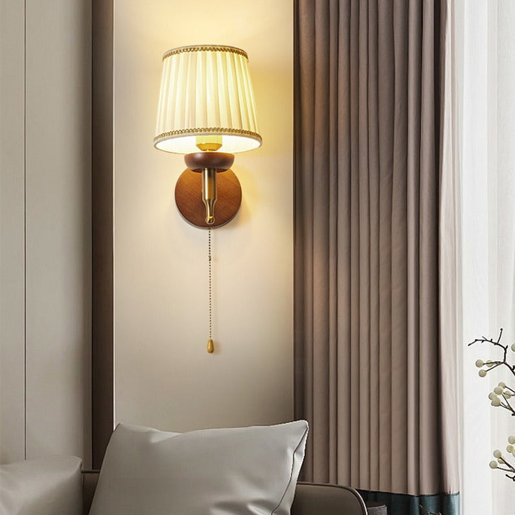 Retro Drum Iron Wood Fabric 1-Light Wall Sconce Lamp