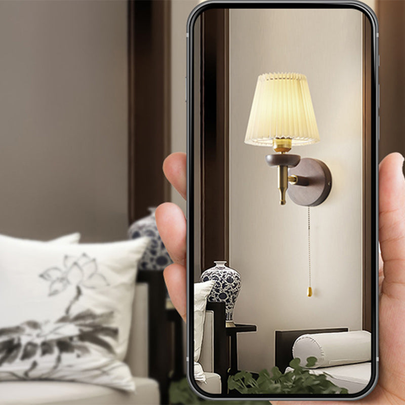 Retro Drum Iron Wood Fabric 1-Light Wall Sconce Lamp