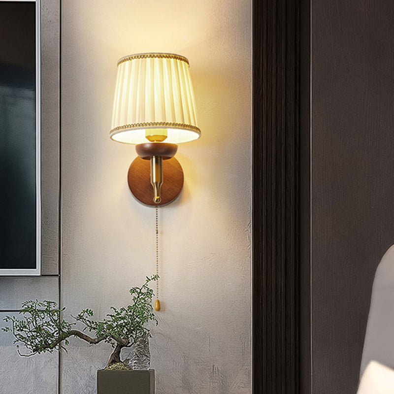 Retro Drum Iron Wood Fabric 1-Light Wall Sconce Lamp