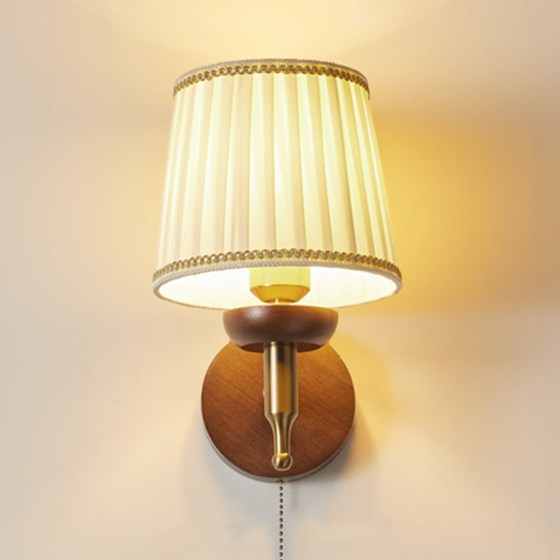 Retro Drum Iron Wood Fabric 1-Light Wall Sconce Lamp
