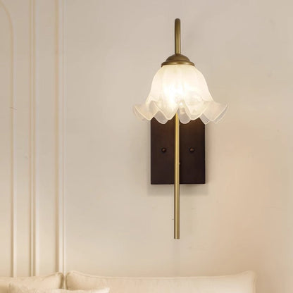 Traditional Flower Iron Wood Glass 1-Light Wall Sconce Lamp
