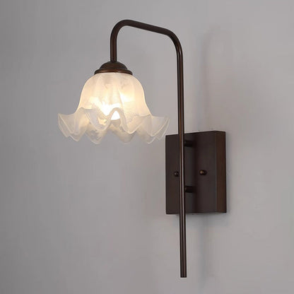 Traditional Flower Iron Wood Glass 1-Light Wall Sconce Lamp