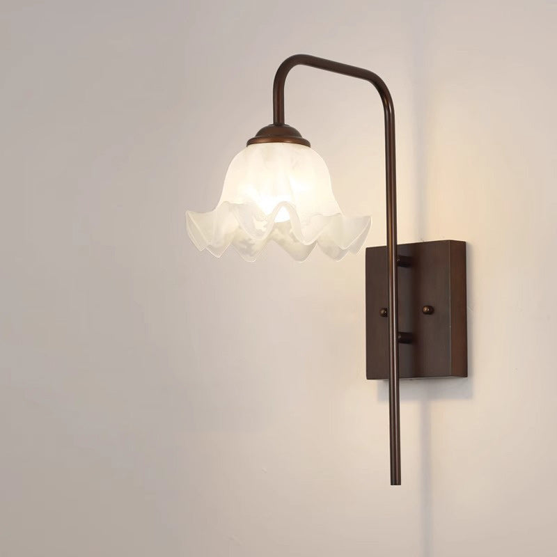 Traditional Flower Iron Wood Glass 1-Light Wall Sconce Lamp