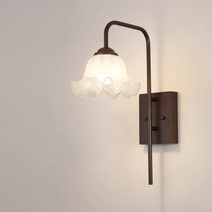 Traditional Flower Iron Wood Glass 1-Light Wall Sconce Lamp