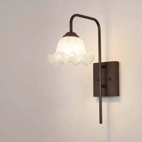 Traditional Flower Iron Wood Glass 1-Light Wall Sconce Lamp