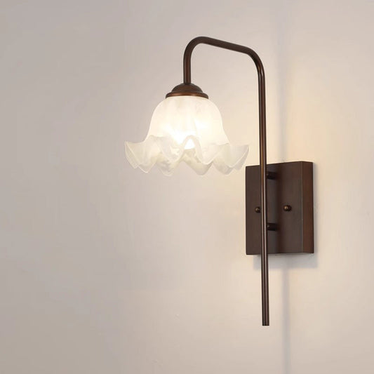Traditional Flower Iron Wood Glass 1-Light Wall Sconce Lamp