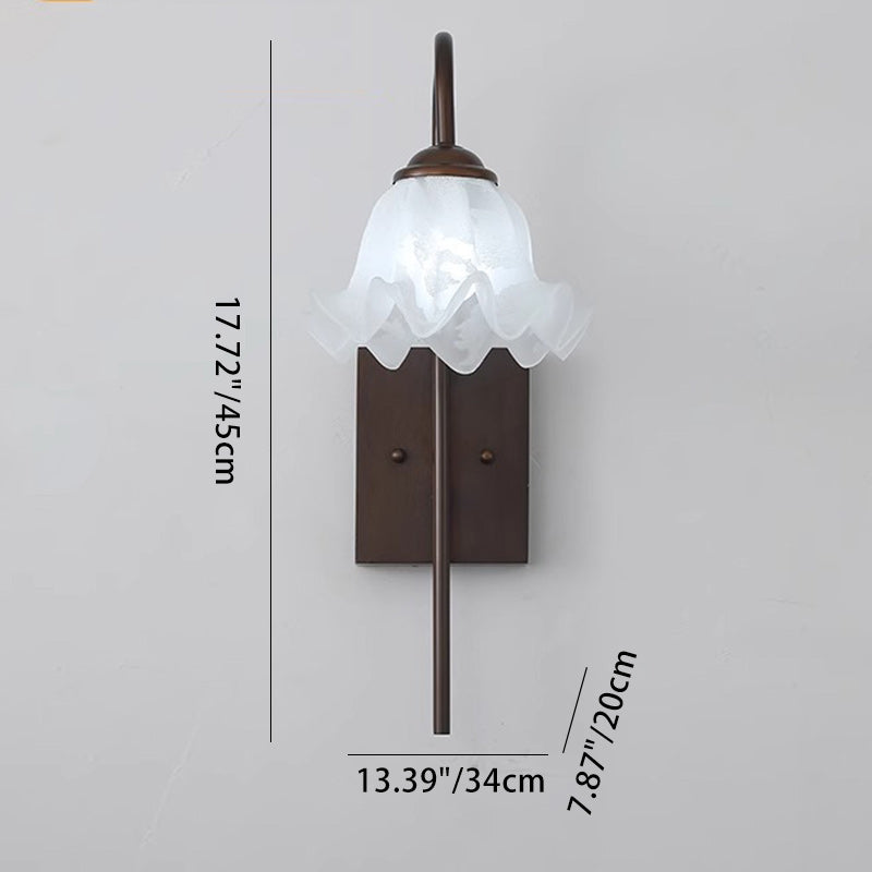 Traditional Flower Iron Wood Glass 1-Light Wall Sconce Lamp