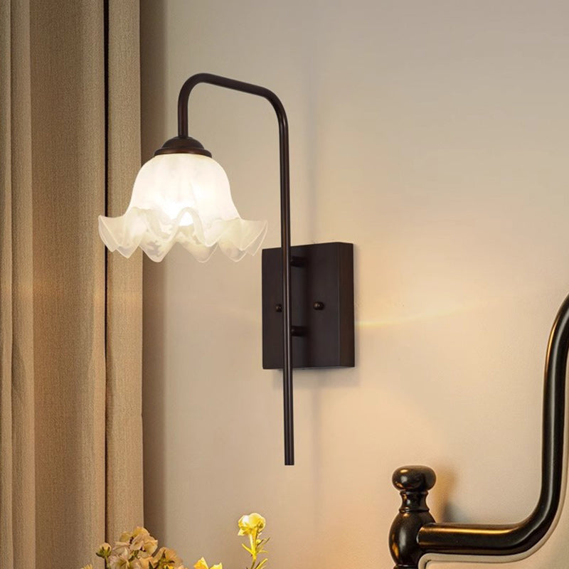 Traditional Flower Iron Wood Glass 1-Light Wall Sconce Lamp