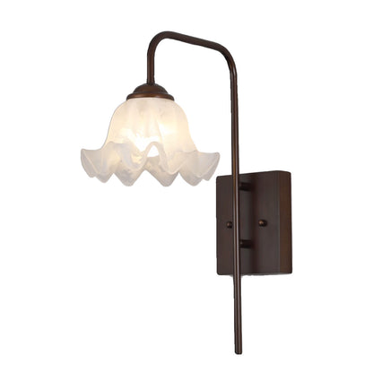 Traditional Flower Iron Wood Glass 1-Light Wall Sconce Lamp