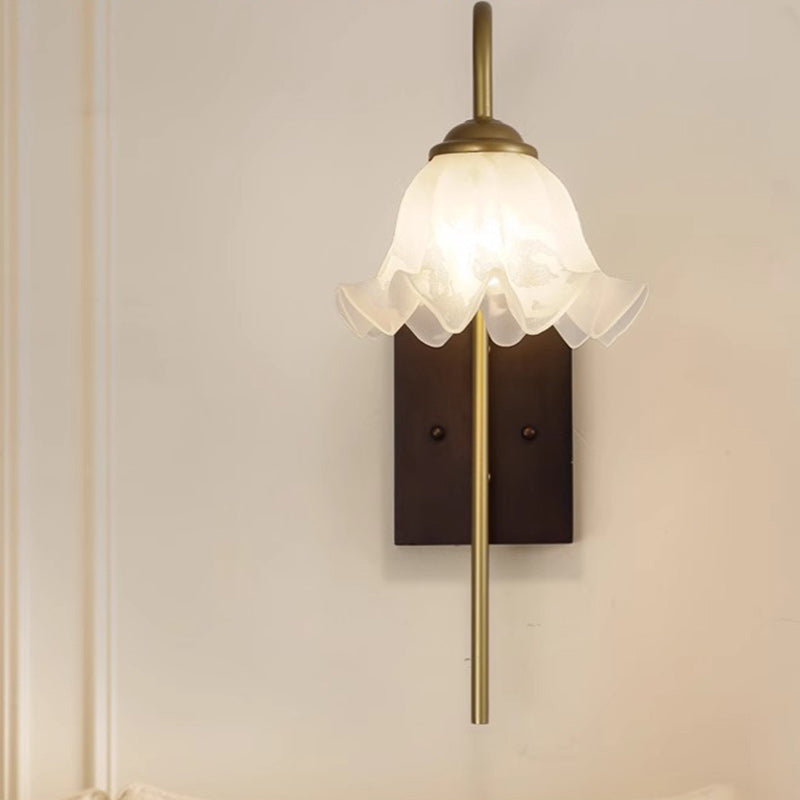 Traditional Flower Iron Wood Glass 1-Light Wall Sconce Lamp