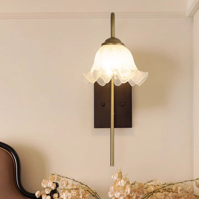 Traditional Flower Iron Wood Glass 1-Light Wall Sconce Lamp