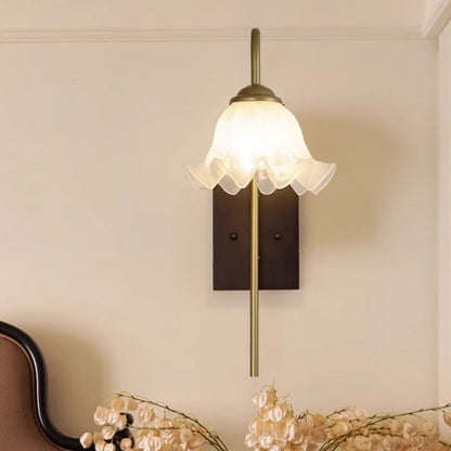 Traditional Flower Iron Wood Glass 1-Light Wall Sconce Lamp