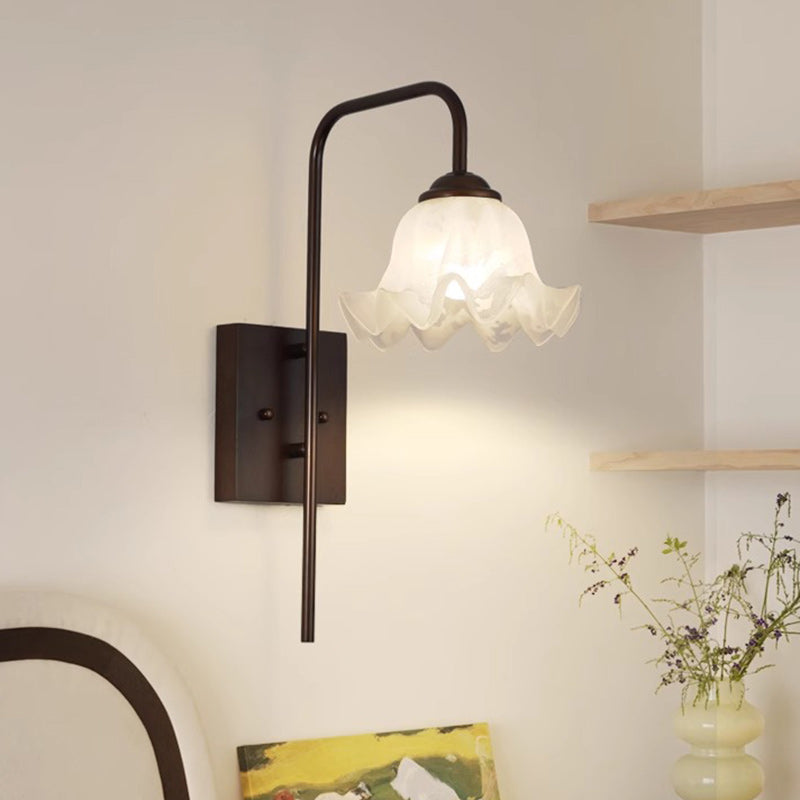 Traditional Flower Iron Wood Glass 1-Light Wall Sconce Lamp